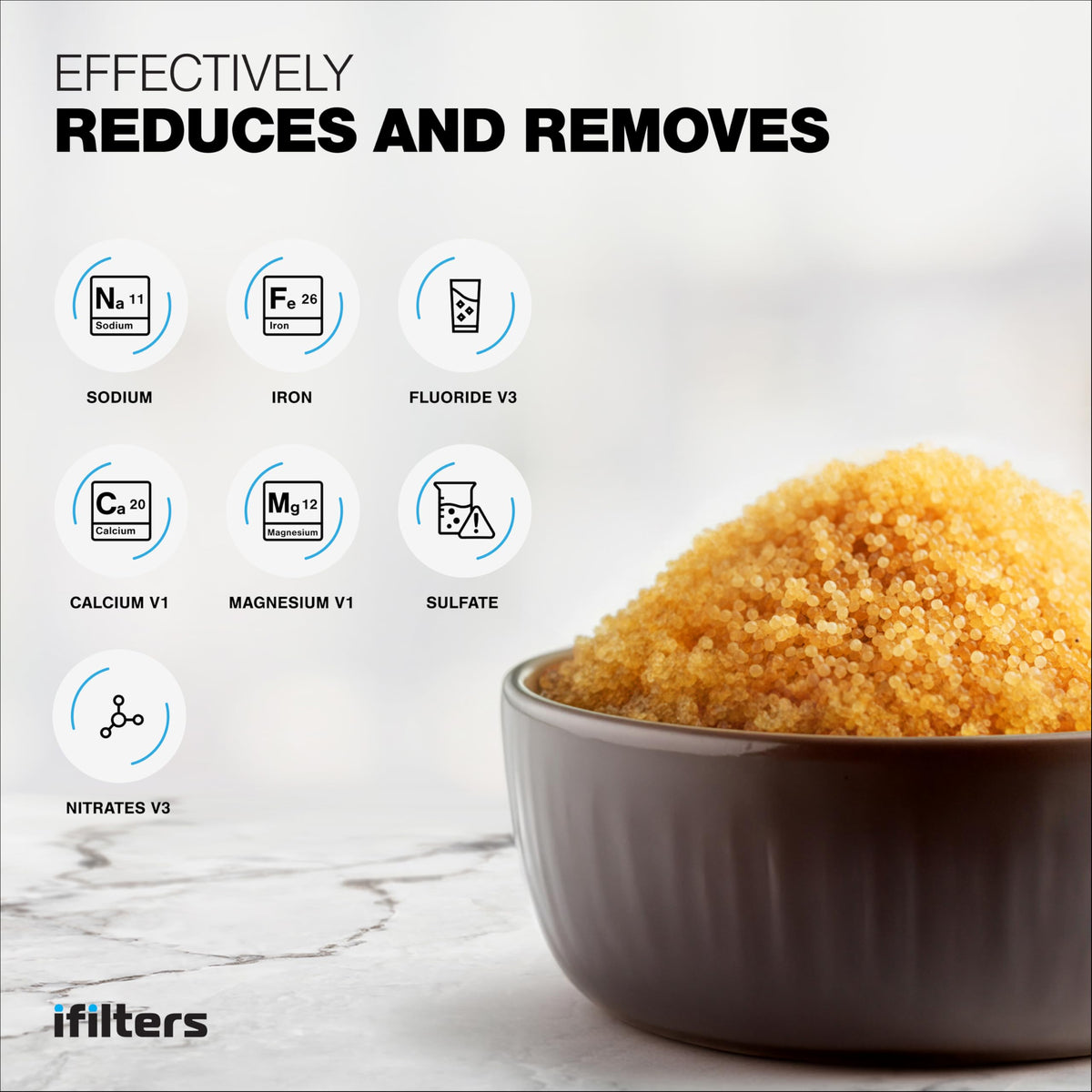 iFilters resin media softens water, improving lather and reducing mineral buildup