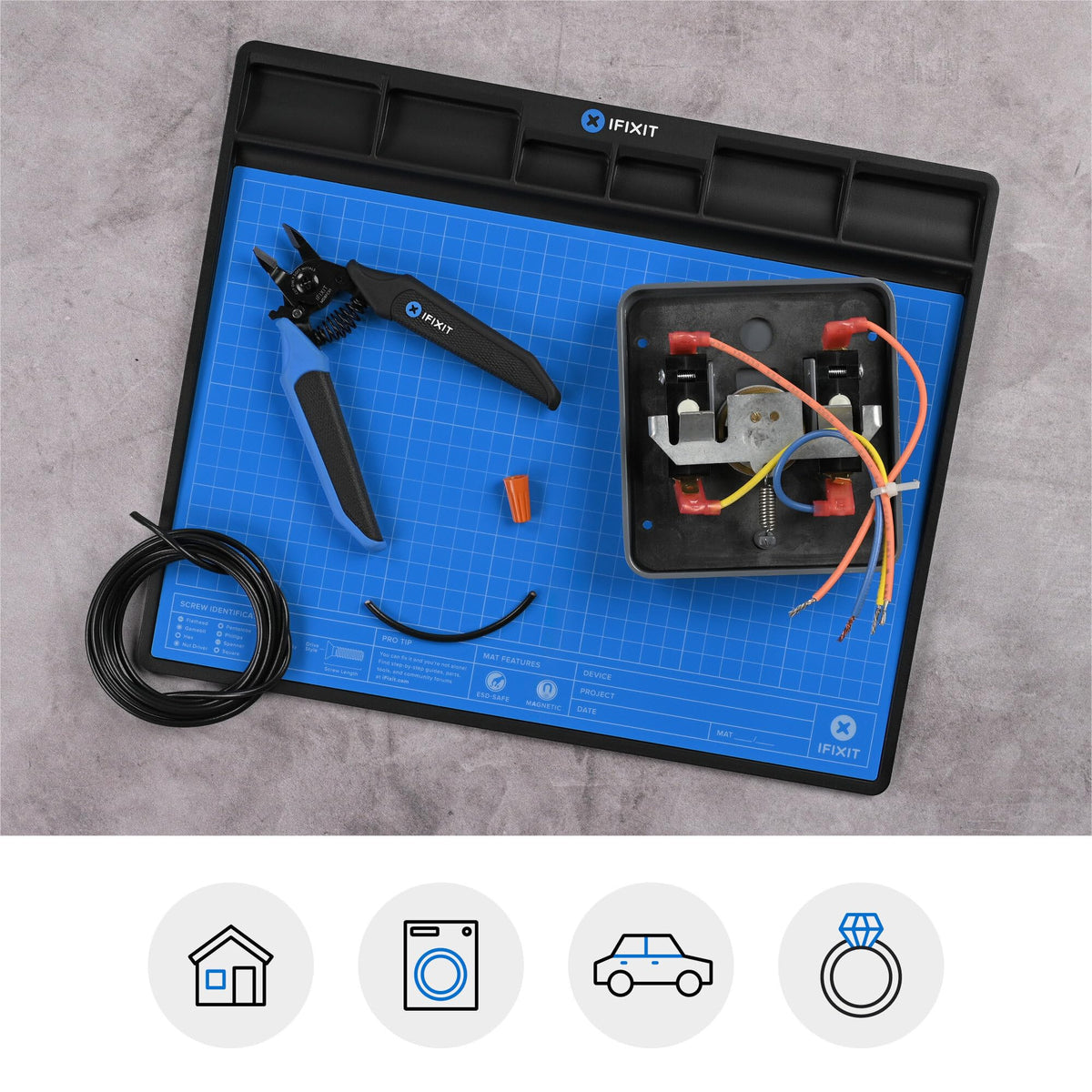 Spring-loaded handle of iFixit Mandible flush cutters reduces fatigue during use