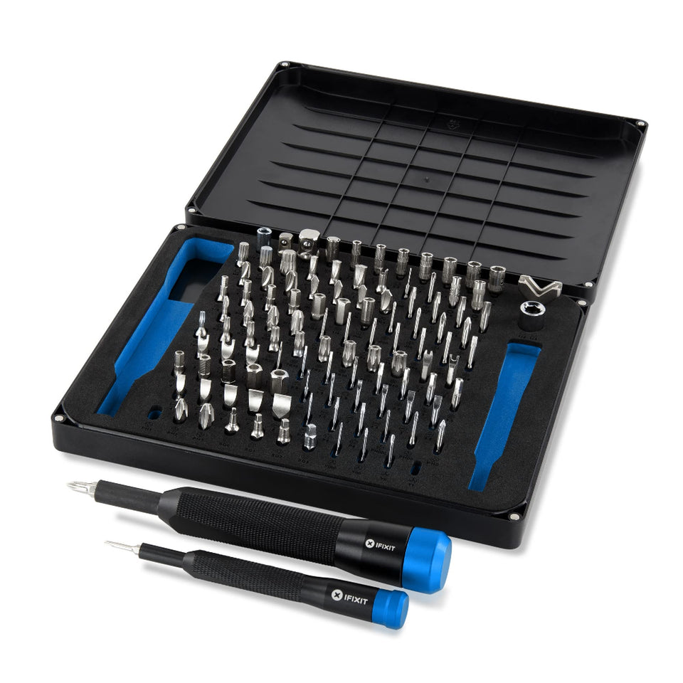 iFixit Manta Driver Kit case with lid open for organized tool storage