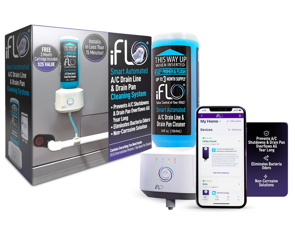 iFLO smart A/C drain cleaner module dispensing bio-enzymatic solution for maintenance.