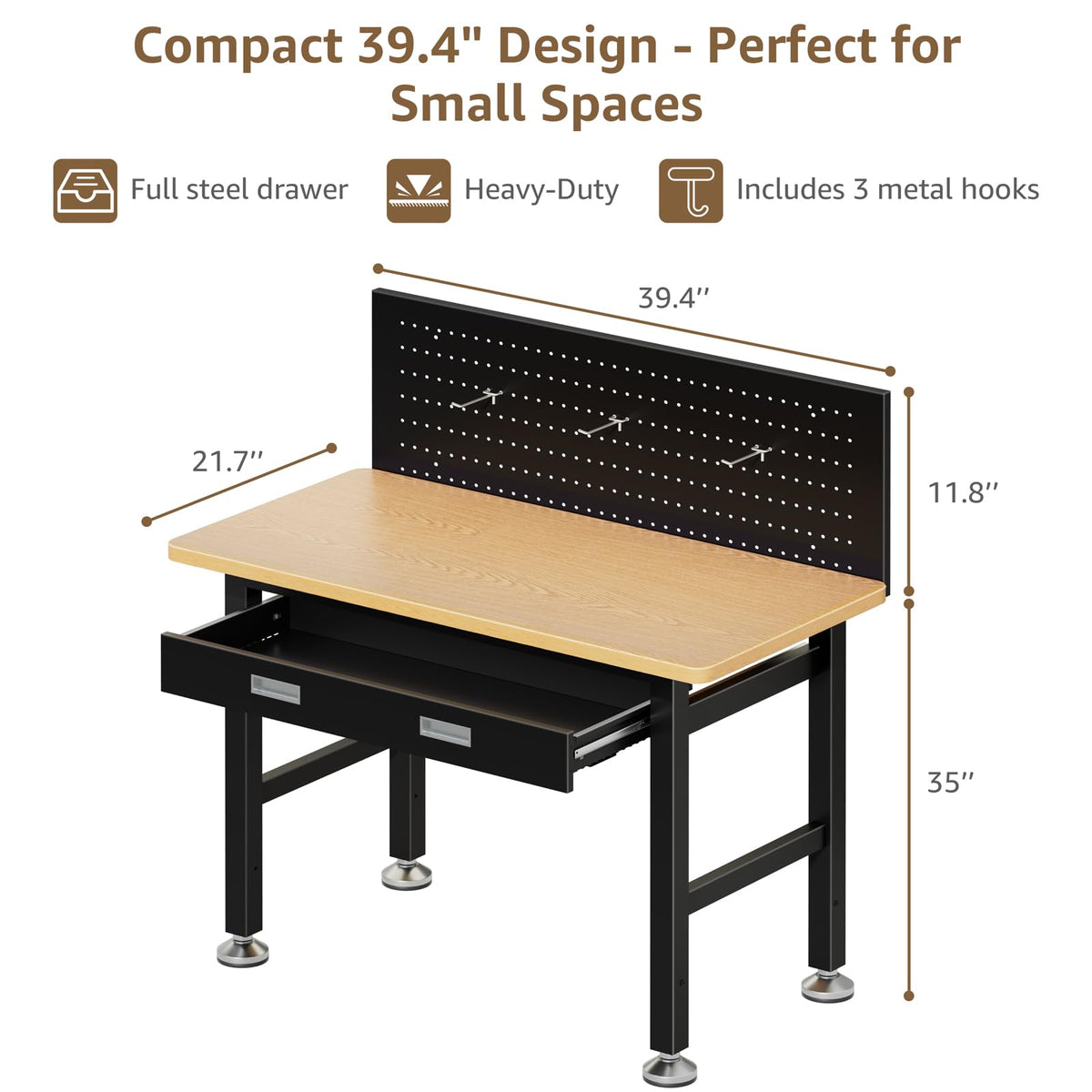IGERI workbench with drawer open highlights secure, smooth-glide storage for frequently used tools.