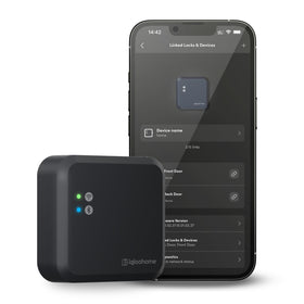Igloohome WiFi Bridge setup close-up near a smart lock for easy remote access.