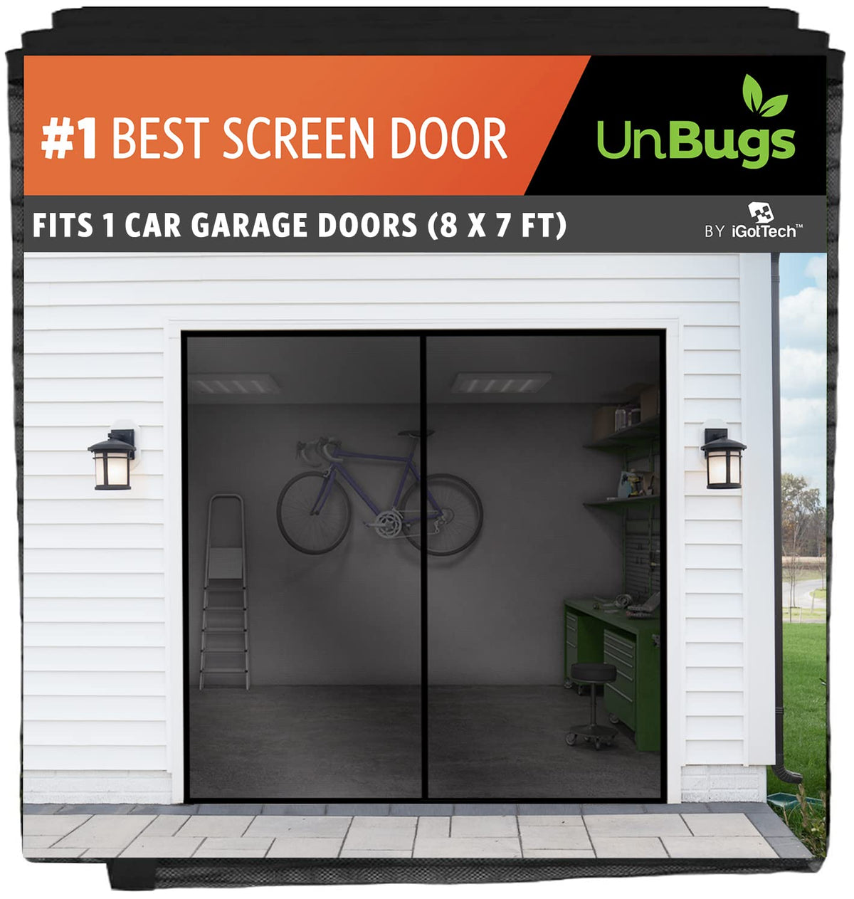 iGotTech UnBugs garage screen left view shows fit for a single-car opening