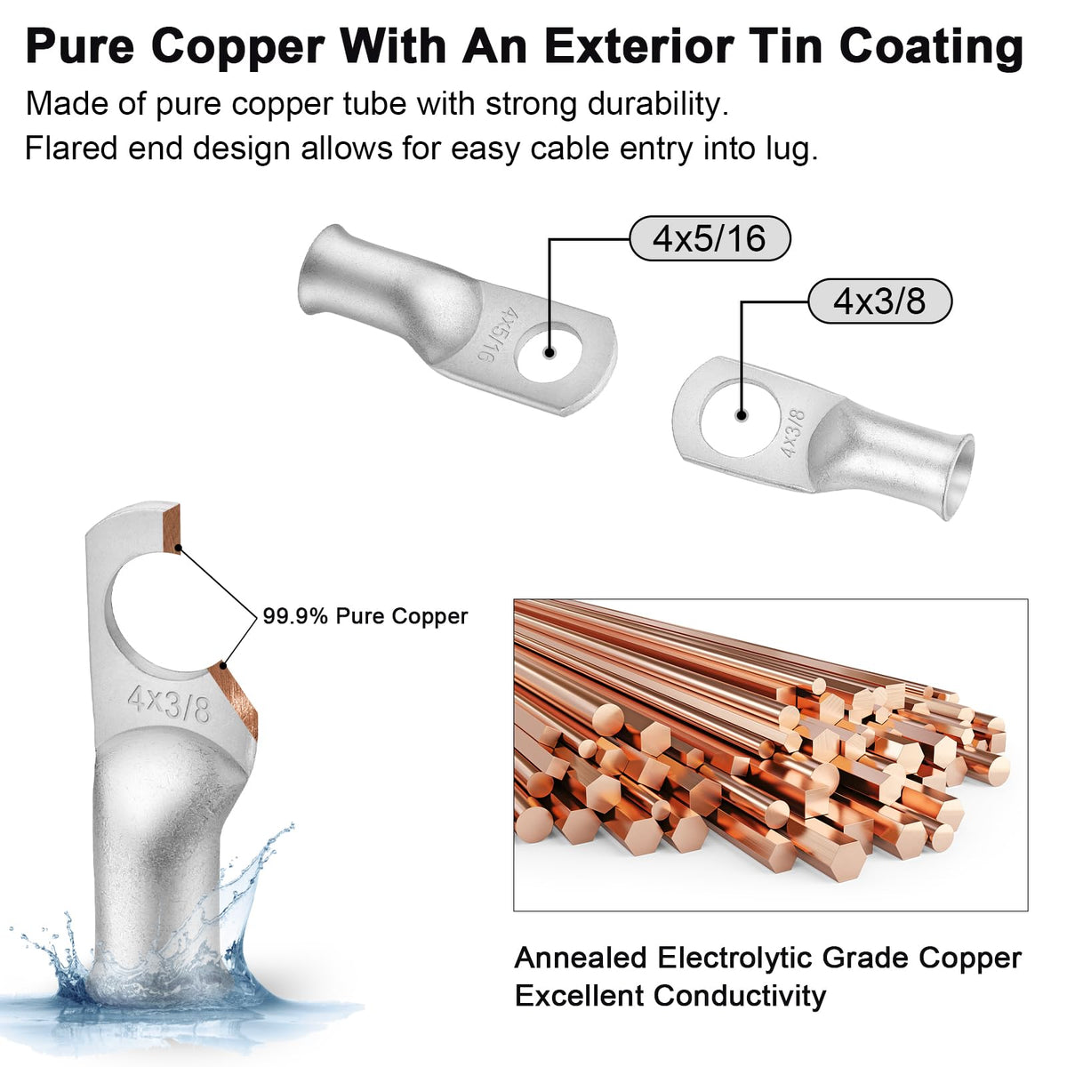 iGreely copper lug 5/16 inch, corrosion-resistant, easy crimp connection.