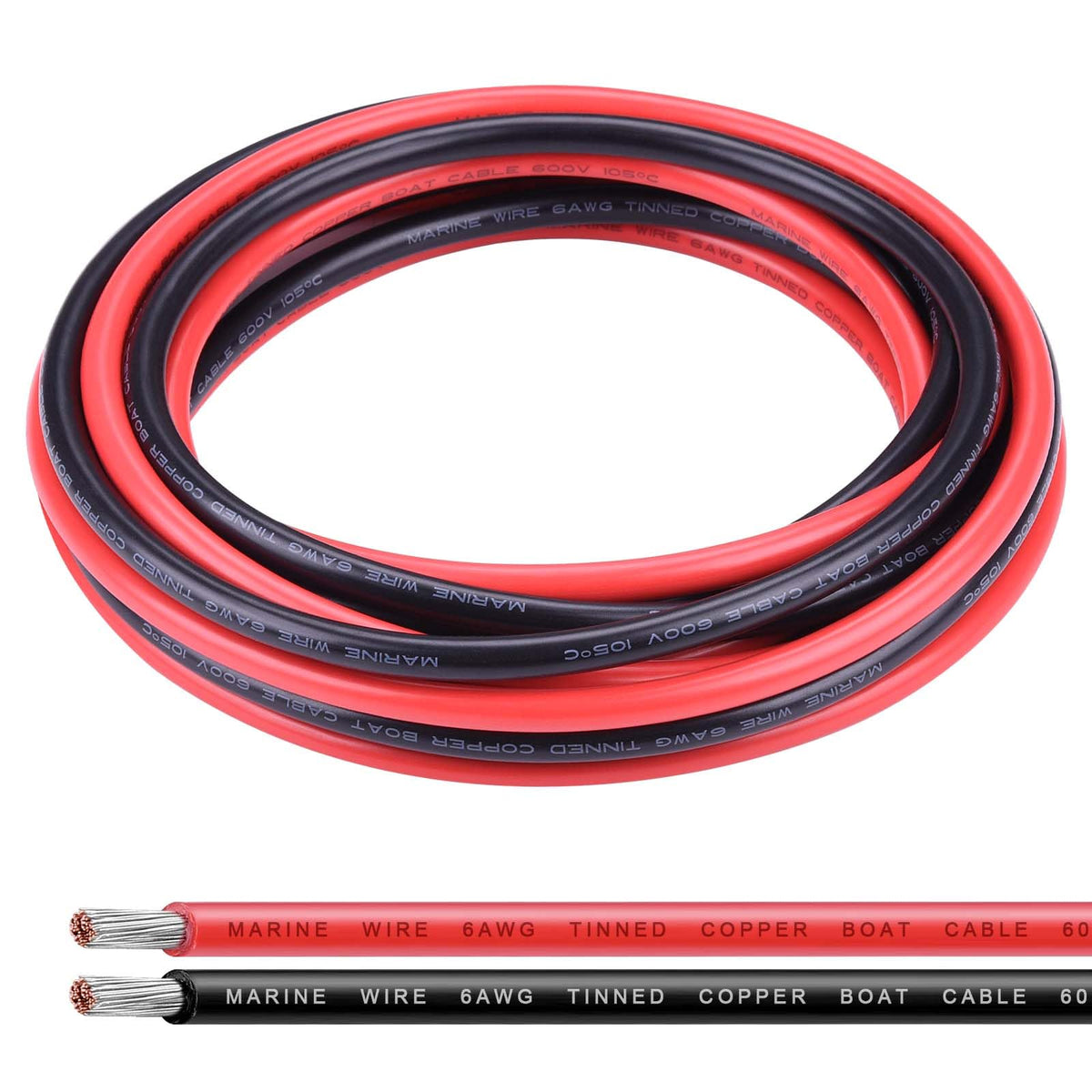 iGreely 6 gauge black 10ft wire close-up shows durable marine-grade construction