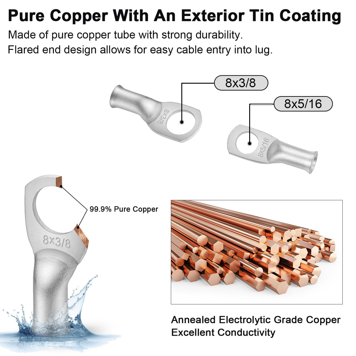 iGreely copper cable lugs 5/16in, for secure crimp or solder connections.