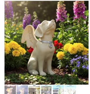 iHeartDogs angel statue lit at night, creating comforting garden ambiance.