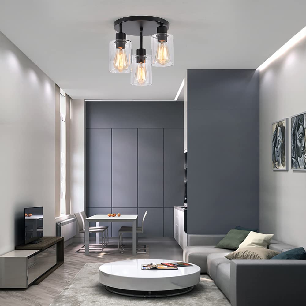 IHENGYANLT 3-Light semi-flush mount close-up with black matte finish for versatile spaces.