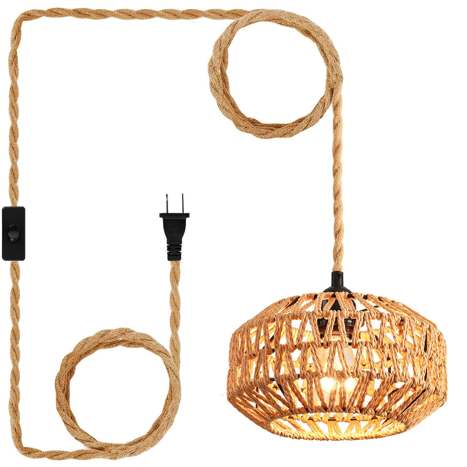 IHENGYANLT plug-in pendant light with rattan shade for warm hallway ambiance.