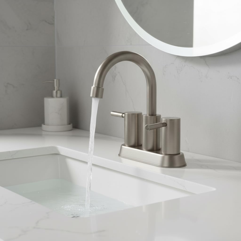 IKEBANA brushed nickel finish highlights modern design for a sleek vanity