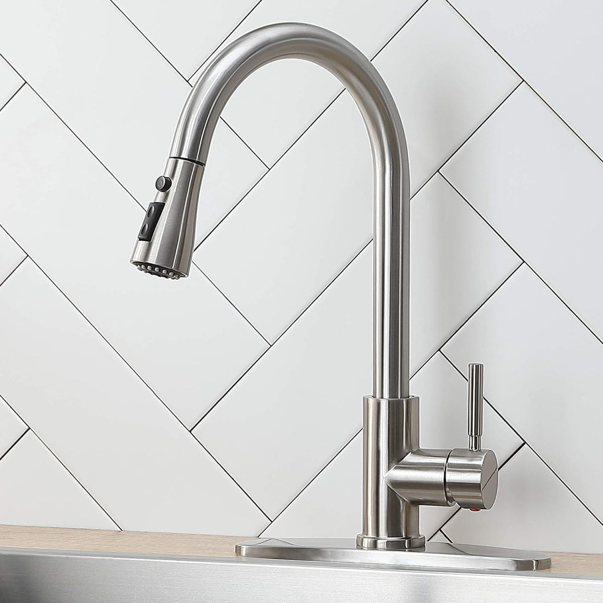 IKEBANA kitchen faucet brushed nickel spout for smooth reach and clean lines.