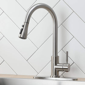 IKEBANA kitchen faucet brushed nickel spout for smooth reach and clean lines.