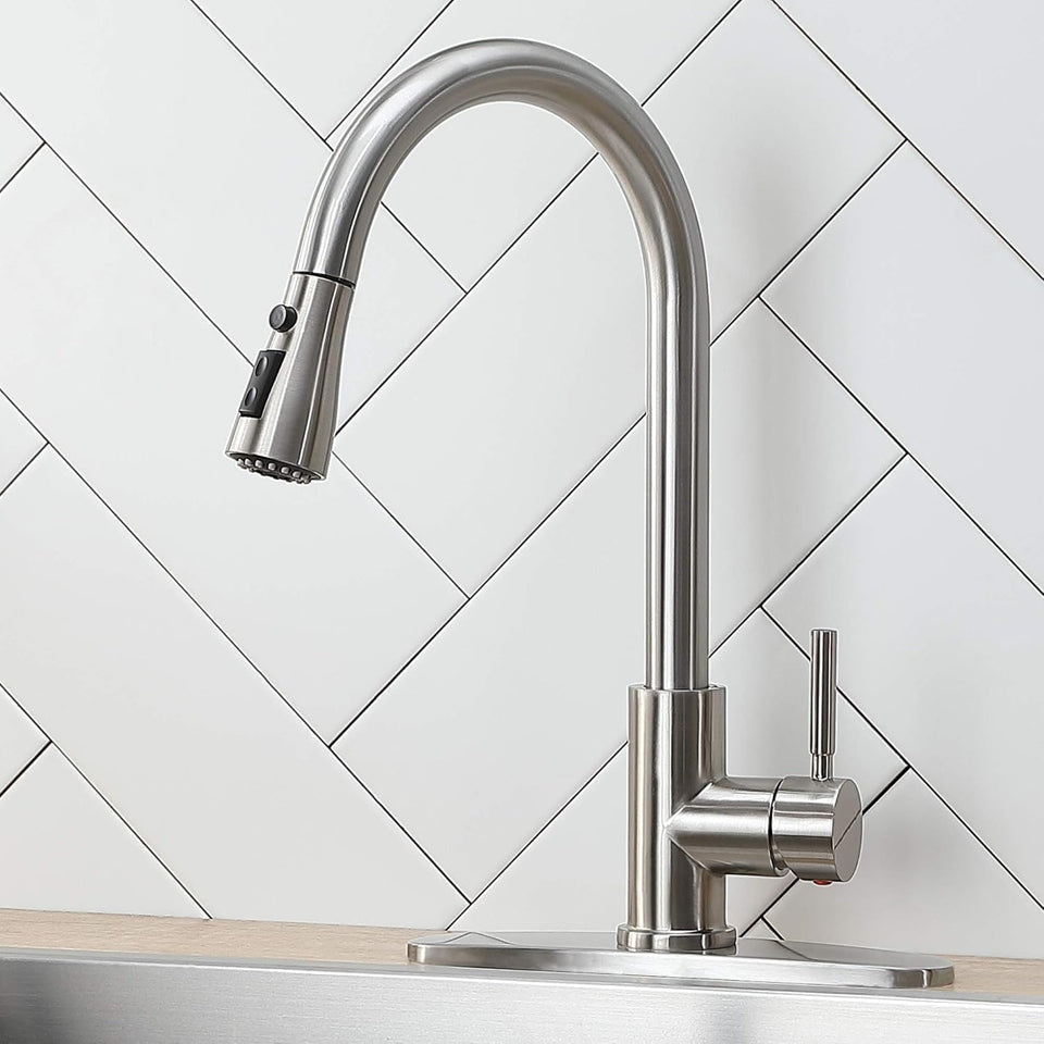 IKEBANA kitchen faucet brushed nickel spout for smooth reach and clean lines.