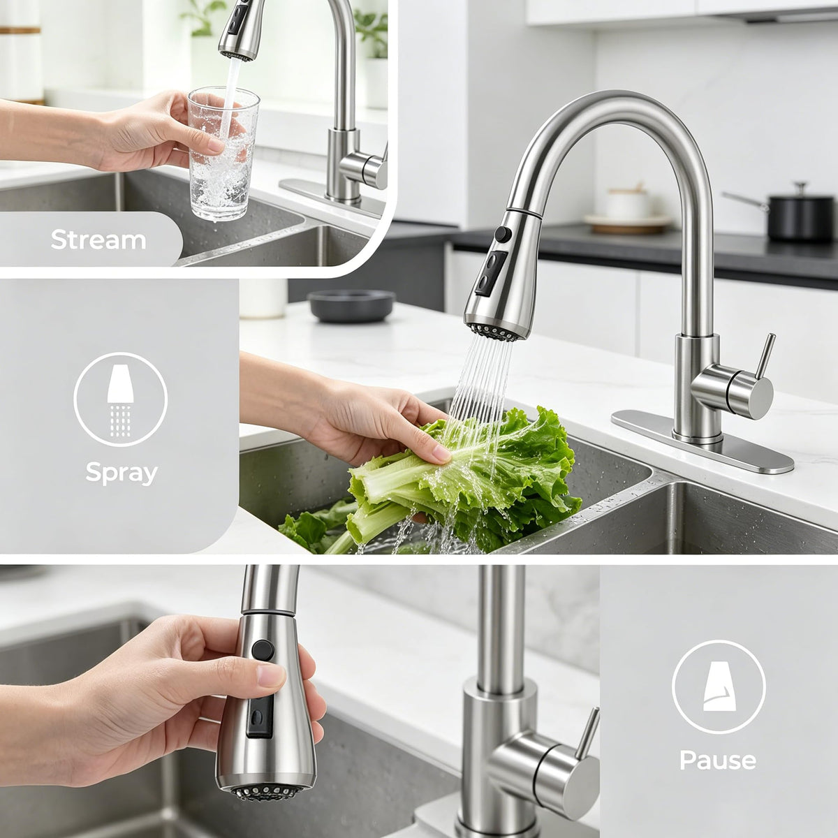 IKEBANA pull-down sprayer demonstrates flexible reach for rinsing and filling.