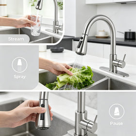 IKEBANA pull-down sprayer demonstrates flexible reach for rinsing and filling.