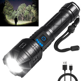 IkeeRuic rechargeable flashlight beam detail showing bright flood-to-spot for outdoor visibility.