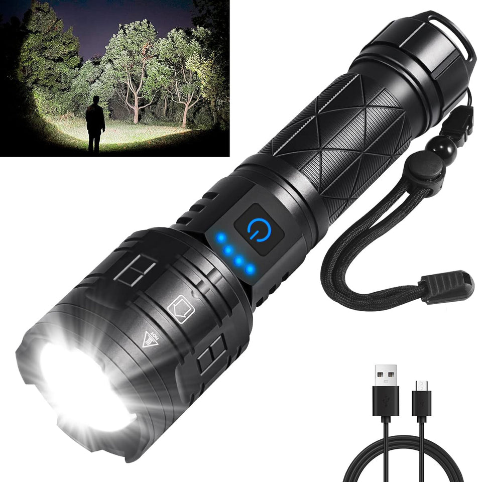 IkeeRuic rechargeable flashlight beam detail showing bright flood-to-spot for outdoor visibility.