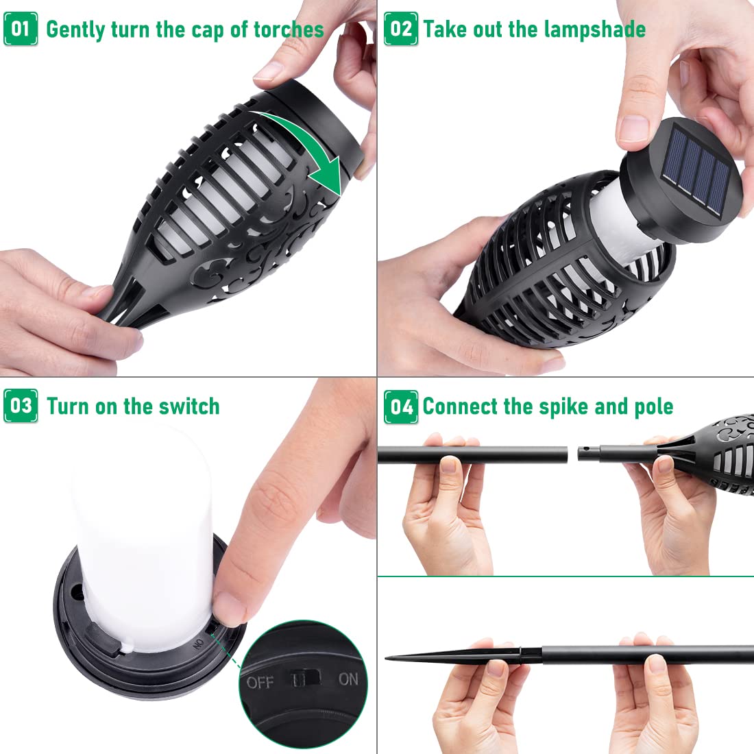 IkeeRuic solar flame torch lights install easily with stake for fast setup