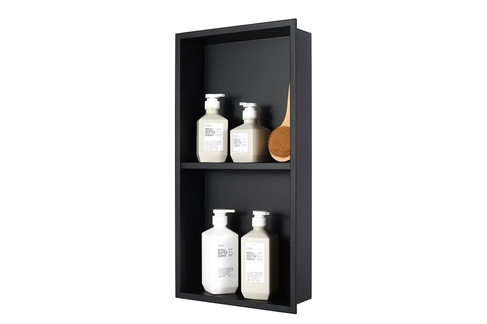 IKITRAEE no-tile-needed shower niche installed in a bathroom for compact storage.