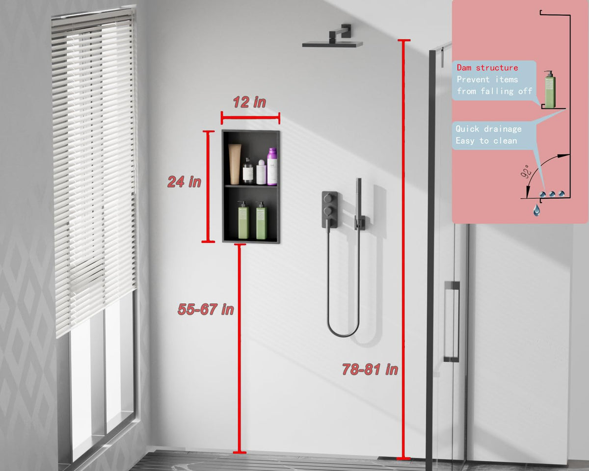 IKITRAEE recessed wall niche with double shelves keeps bath essentials organized.