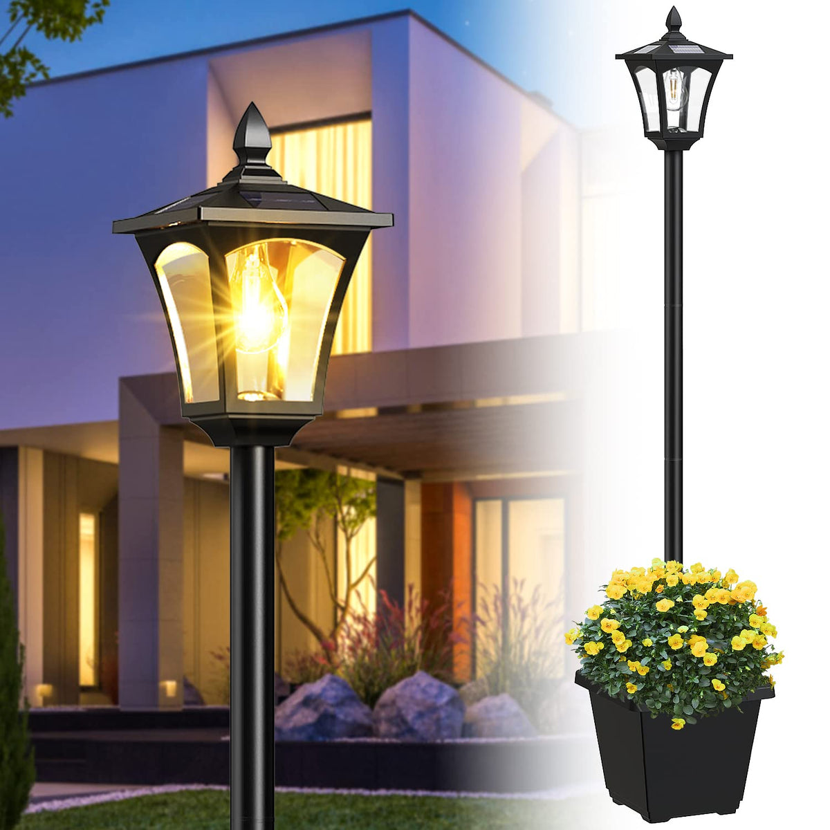 ILANCK 64-inch solar lamp post with planter front view showing integrated lighting and greenery