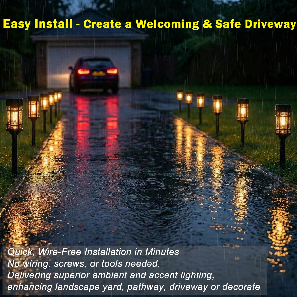 ILANCK wire-free installation with stakes for quick setup along a driveway