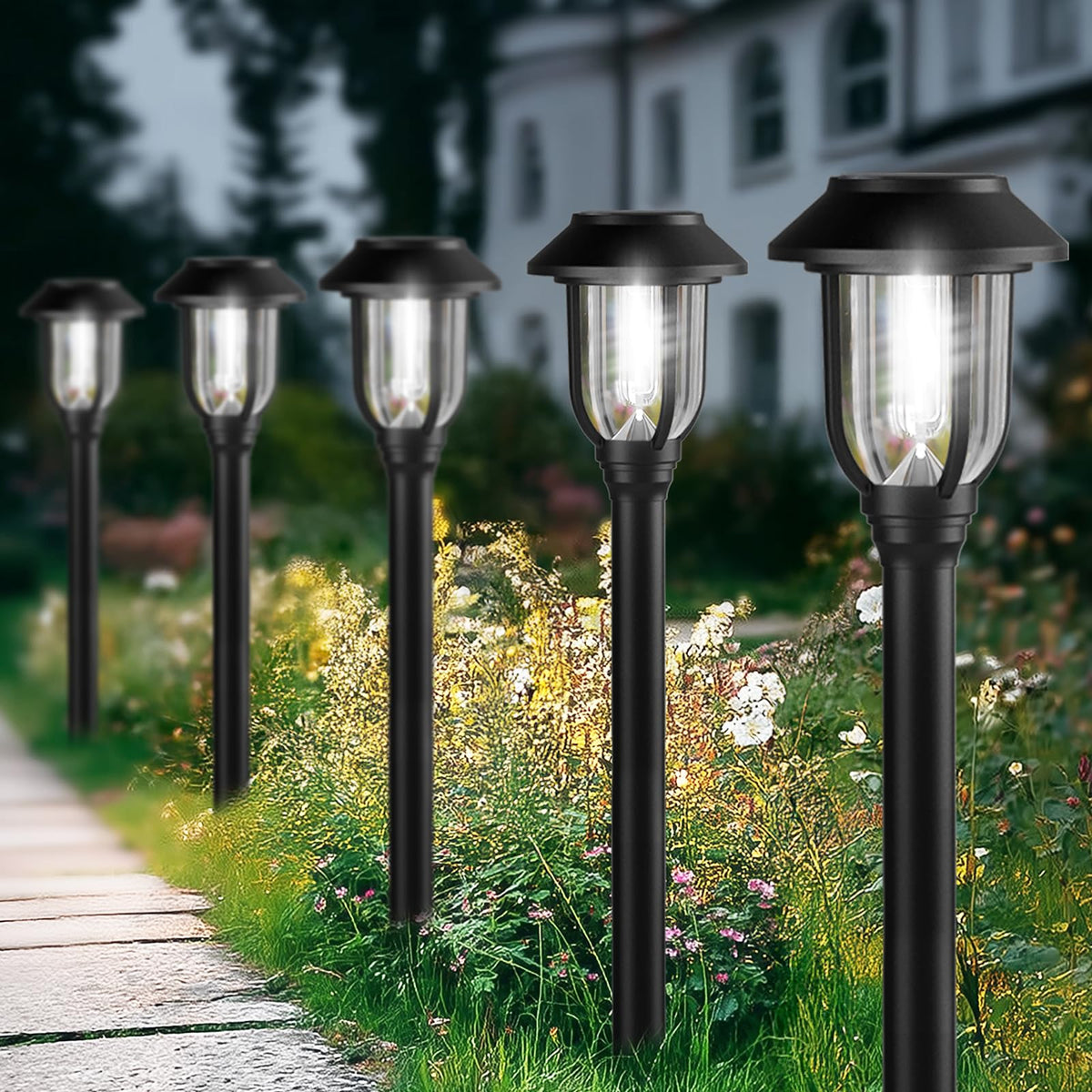 ILANCK solar pathway light at dusk delivers clear illumination for walkways.