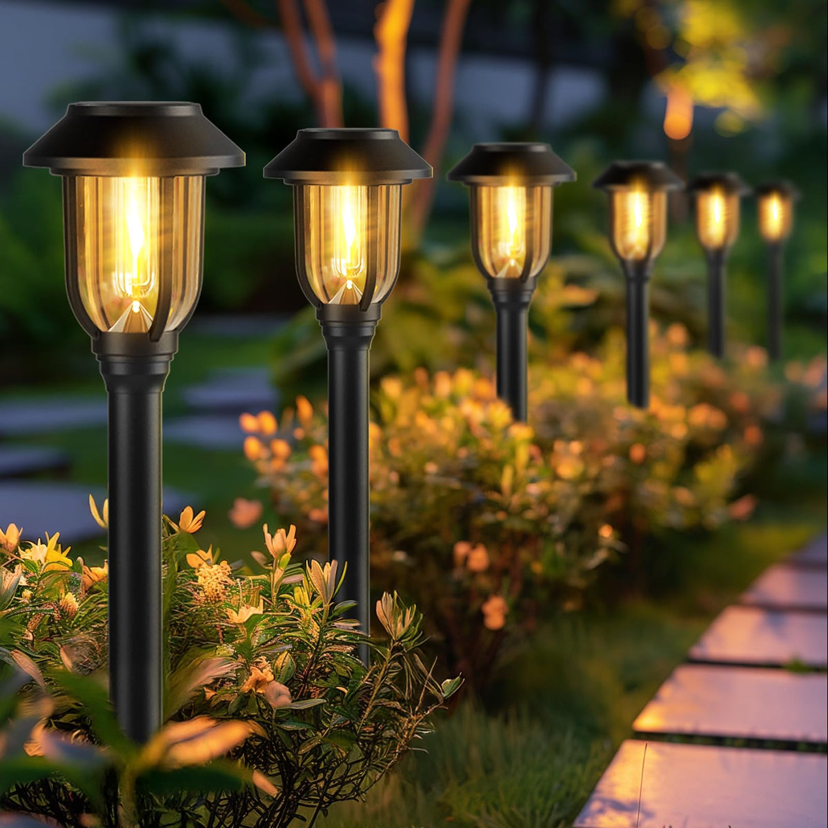 ILANCK solar pathway lights outdoor 12-pack stake installation for quick setup.