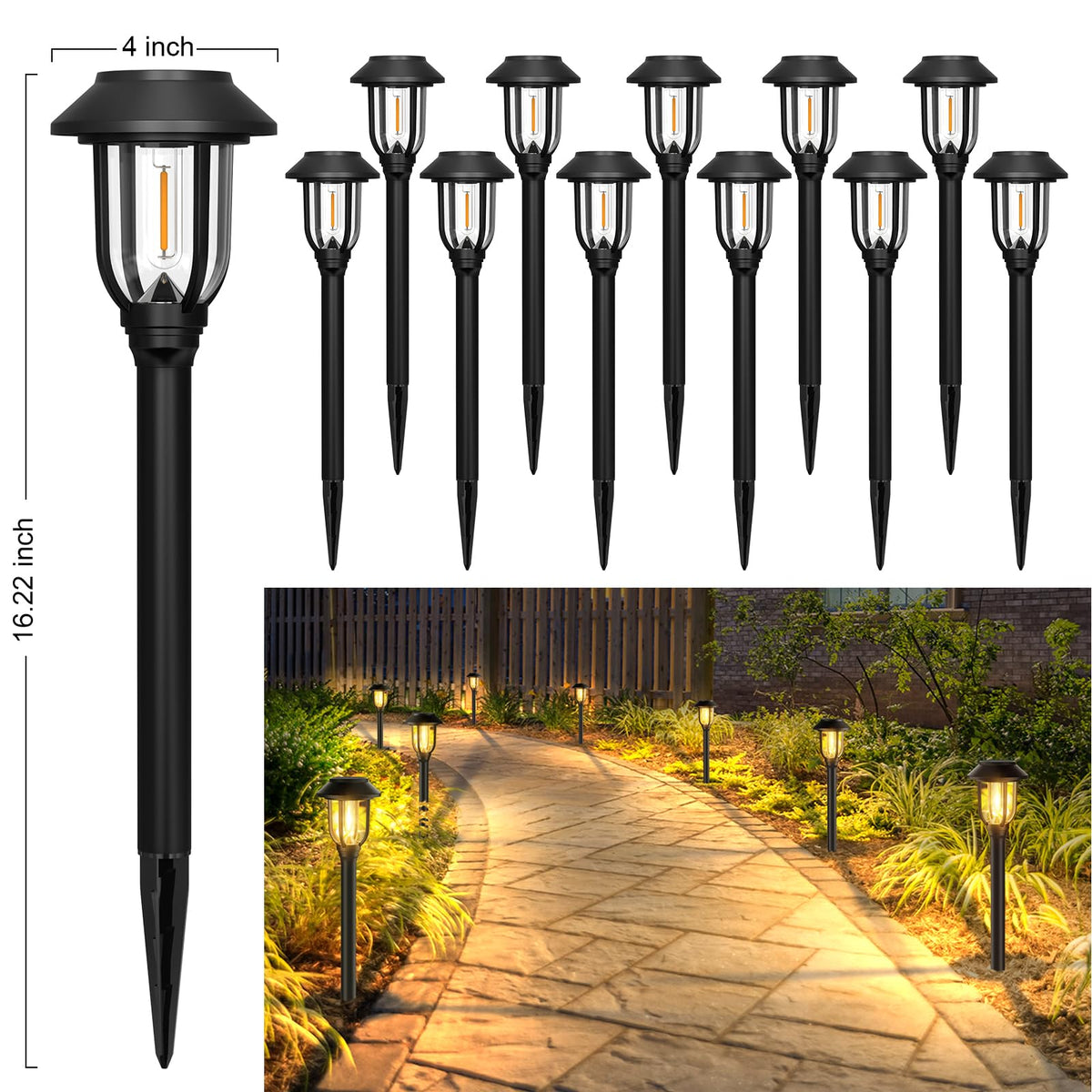 ILANCK solar pathway lights outdoor 12-pack warm white glow for nighttime visibility.