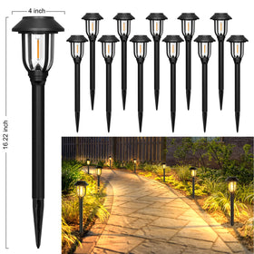 ILANCK solar pathway lights outdoor 12-pack warm white glow for nighttime visibility.
