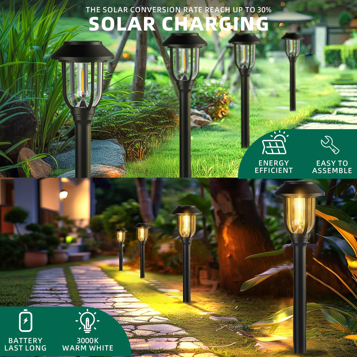 ILANCK solar pathway lights outdoor 12-pack waterproof housing for year-round outdoor use.