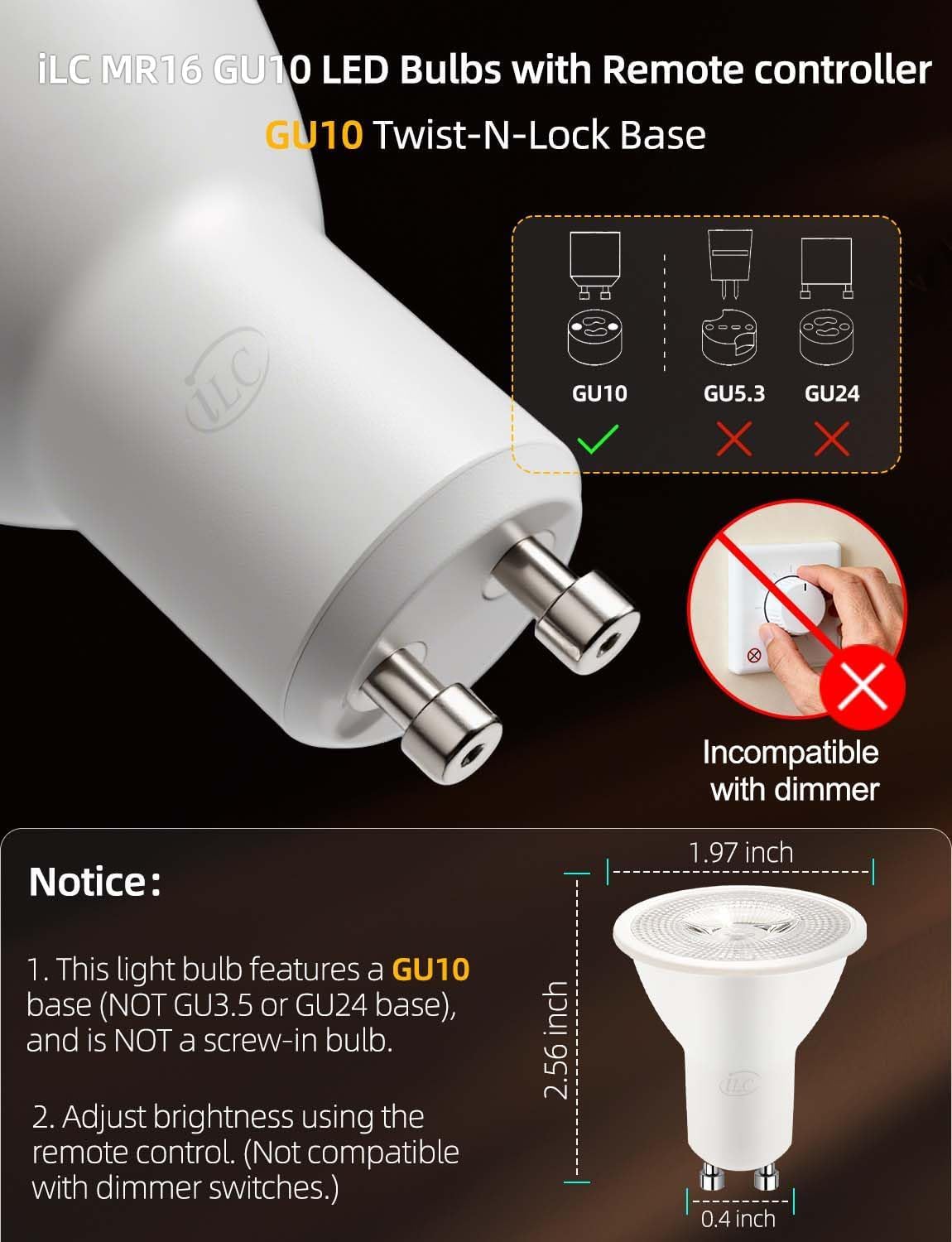 ILC GU10 LED bulb with 40W equivalent brightness and dimmable color options