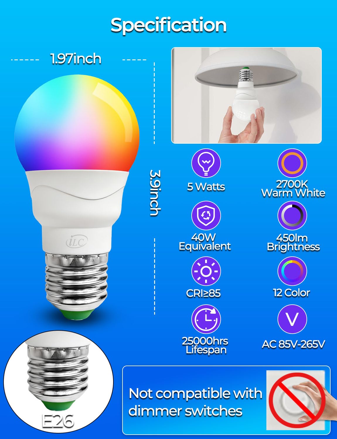 ILC color-changing bulb offers 12 colors for mood lighting.