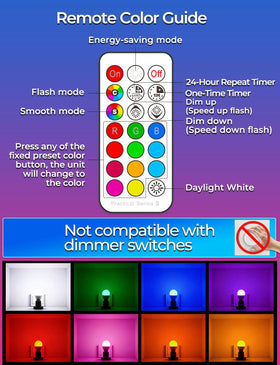 ILC RGB LED bulb one-button night-light provides dim illumination for late evenings.