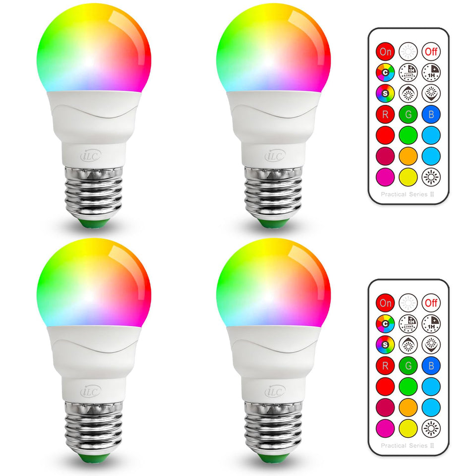 ILC RGB LED bulb with remote for color-changing mood lighting in living areas.