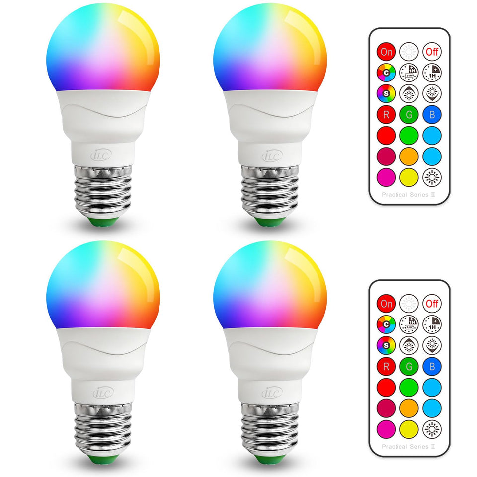 ILC RGB LED light bulb with remote control for quick color changes.