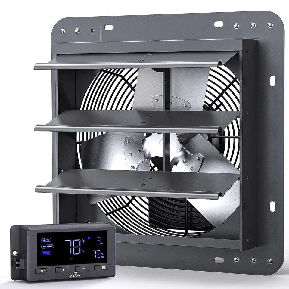 iLiving 12-inch wall-mounted shutter exhaust fan for efficient air exchange up to 1400 sq ft.
