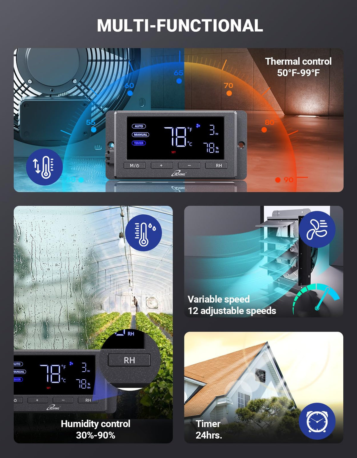 iLiving digital controller enabling precise speed with humidity and temperature triggers