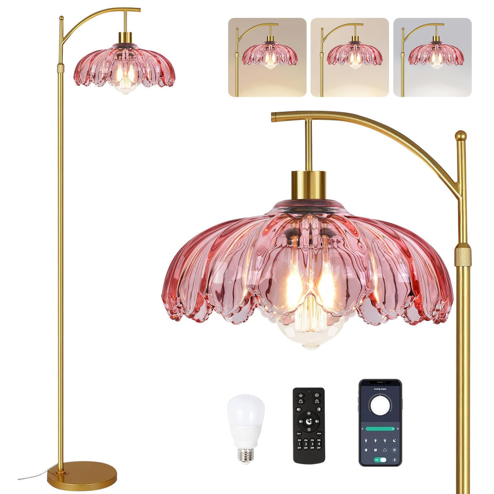 ILLMTW floor lamp brass tall design with pink glass shade for warm living room ambience.