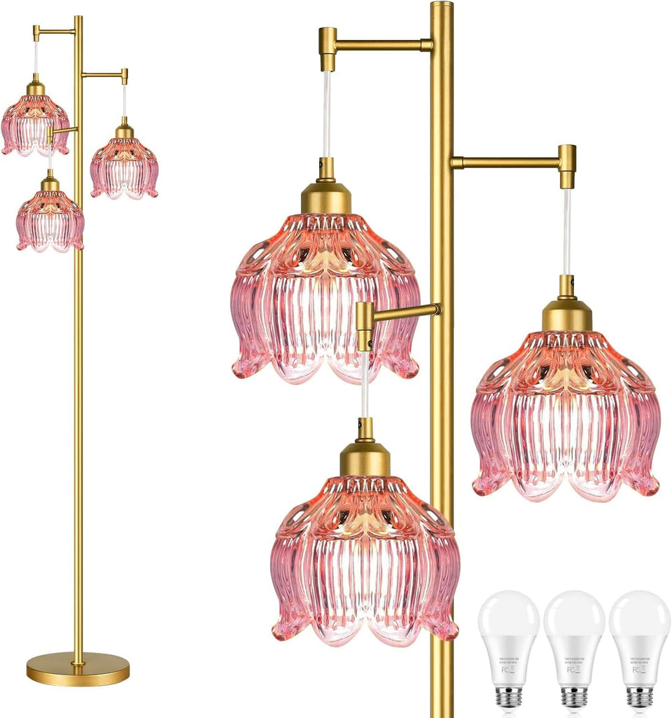 ILLMTW glass floor lamp with brass tree design and three adjustable heads