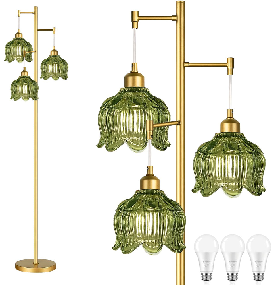 ILLMTW glass floor lamp with gold base enhances living room ambiance.