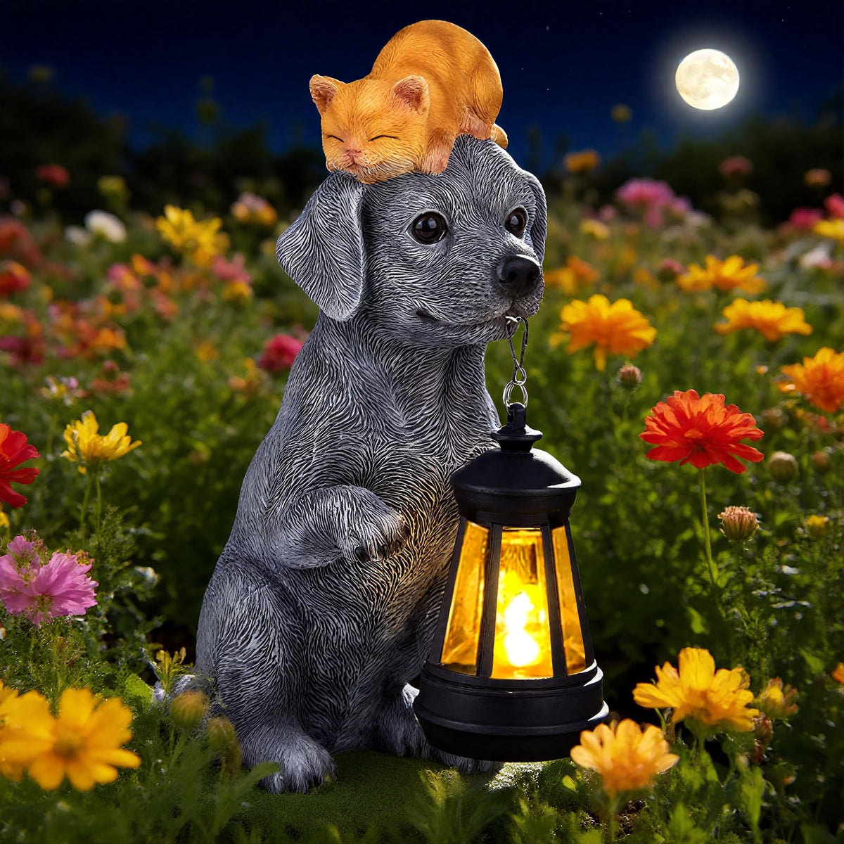 ILLUMINEW dog-cat lantern garden statue adds a warm glow to outdoor spaces.