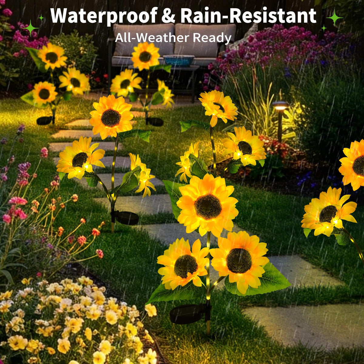 ILLUMINEW sunflowers feature bright LEDs for clear pathway lighting and yard accents.