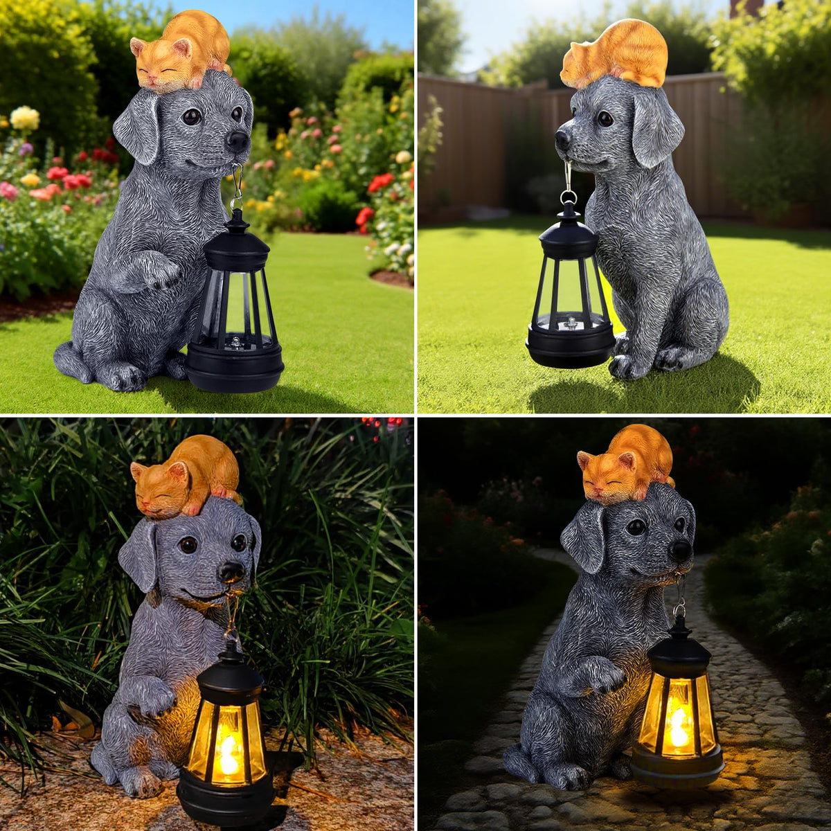 ILLUMINEW yard decor showing the dog and cat statue at twilight.