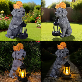 ILLUMINEW yard decor showing the dog and cat statue at twilight.