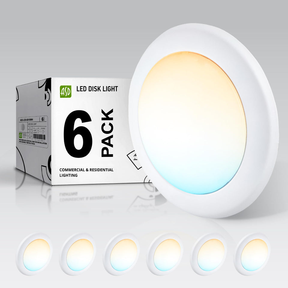 ASD 6 Pack LED Disk Lights 6 Inch - 15W, 5CCT 2700K-5000K, CRI90+, Dimmable Flush Mount, UL