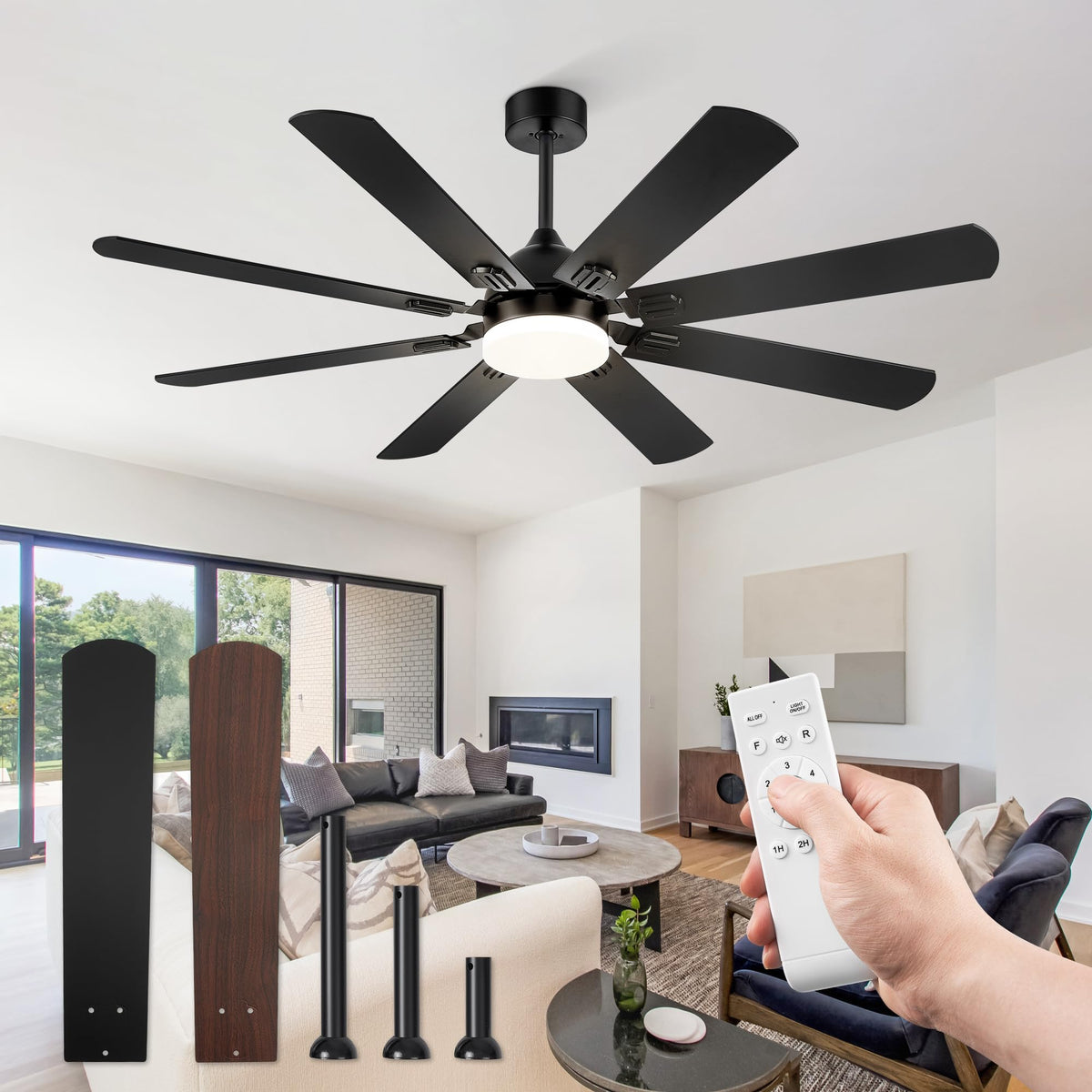 Fanbulous 62-Inch Ceiling Fan with Lights – Black, Remote, 8 Dual-Finish Blades