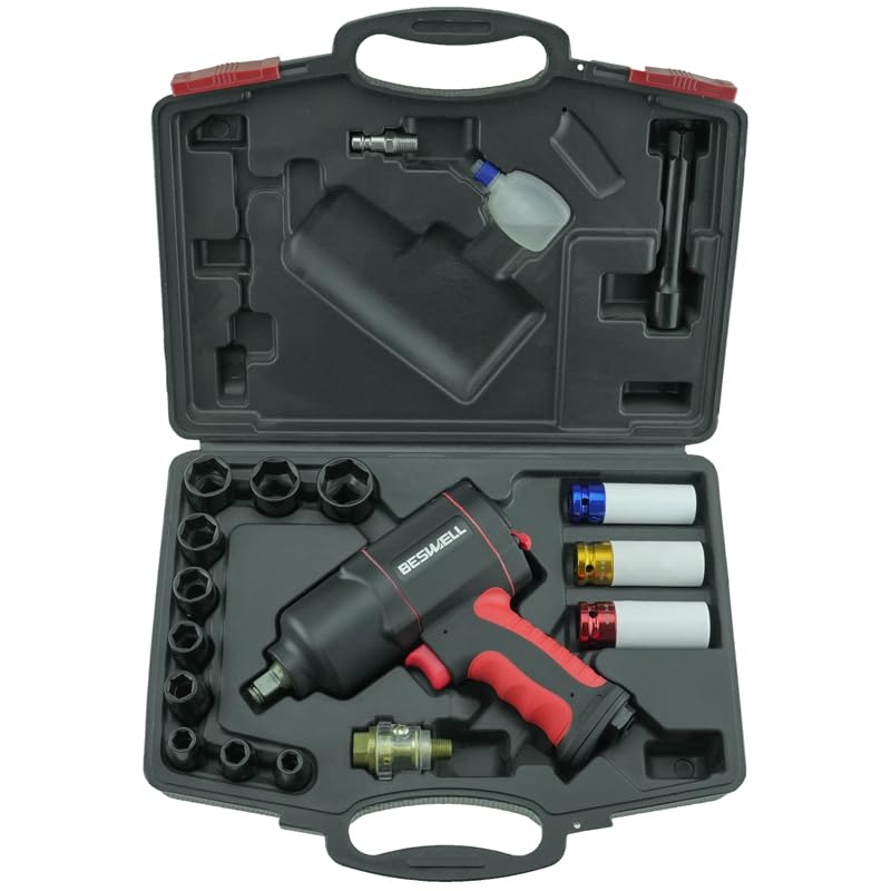 BESWELL AKP-01N 1/2-Inch Air Impact Wrench Kit — 1180 ft-lbs Max Torque, 11 SAE + 3 Metric Sockets