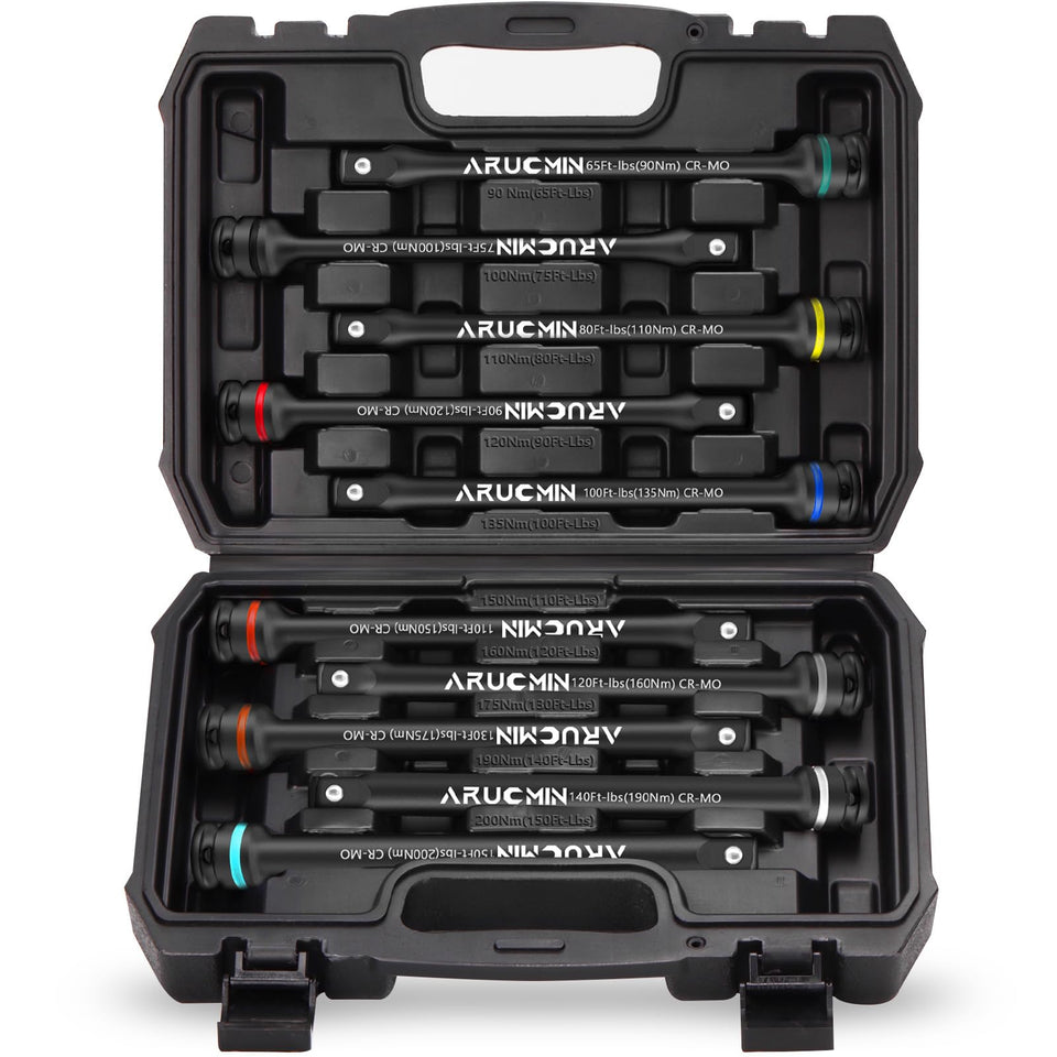 ARUCMIN 1/2 Drive Torque Limiting Extension Bar Set – 10-Piece Lug Nut Torque Sticks 65-150 ft-lbs