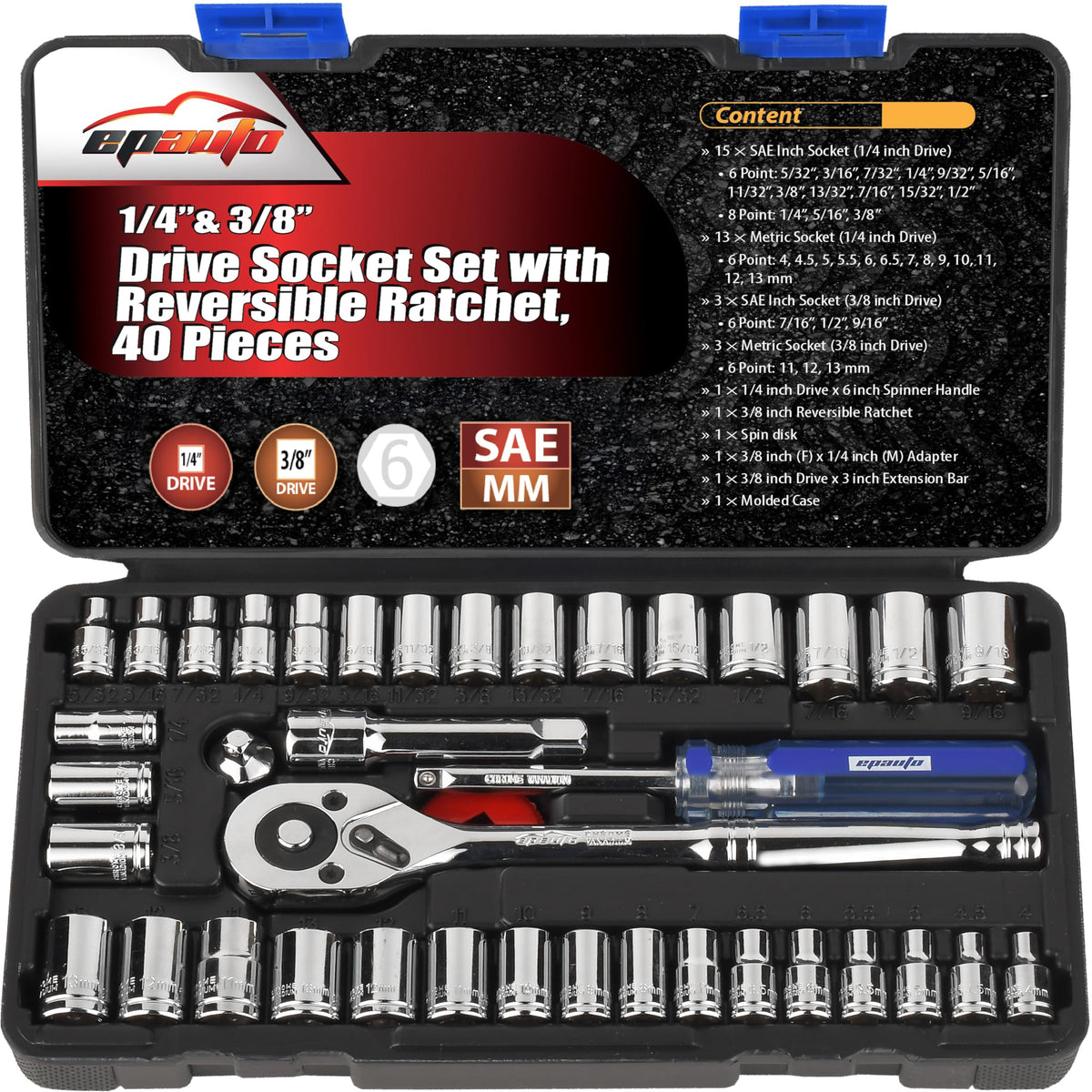 EPAuto 40-Piece Socket Set with 72-Tooth Reversible Ratchet – 1/4